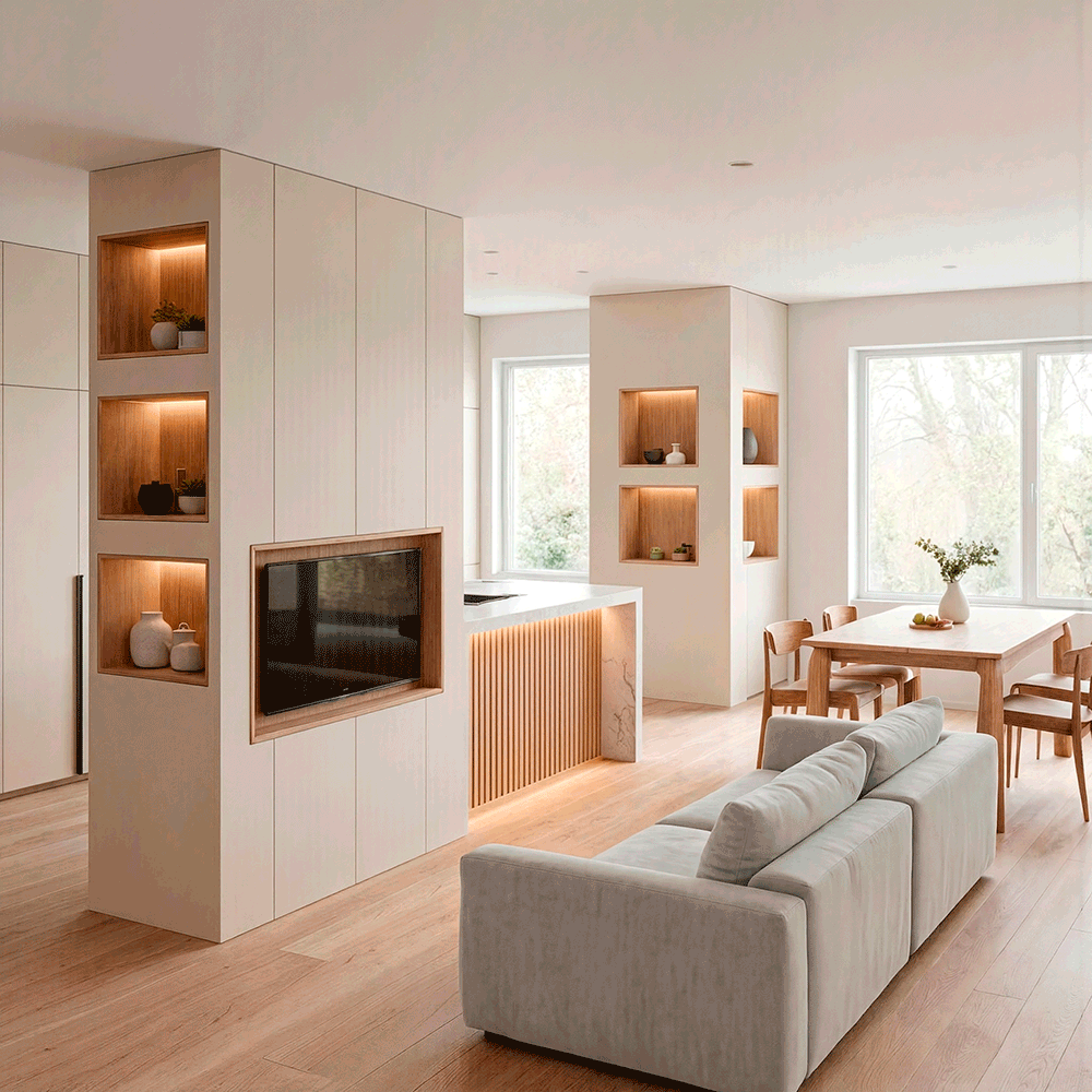 Casa Iván: salón abierto con mueble divisor de hornacinas iluminadas, cocina con barra de listones de madera y comedor junto al ventanal