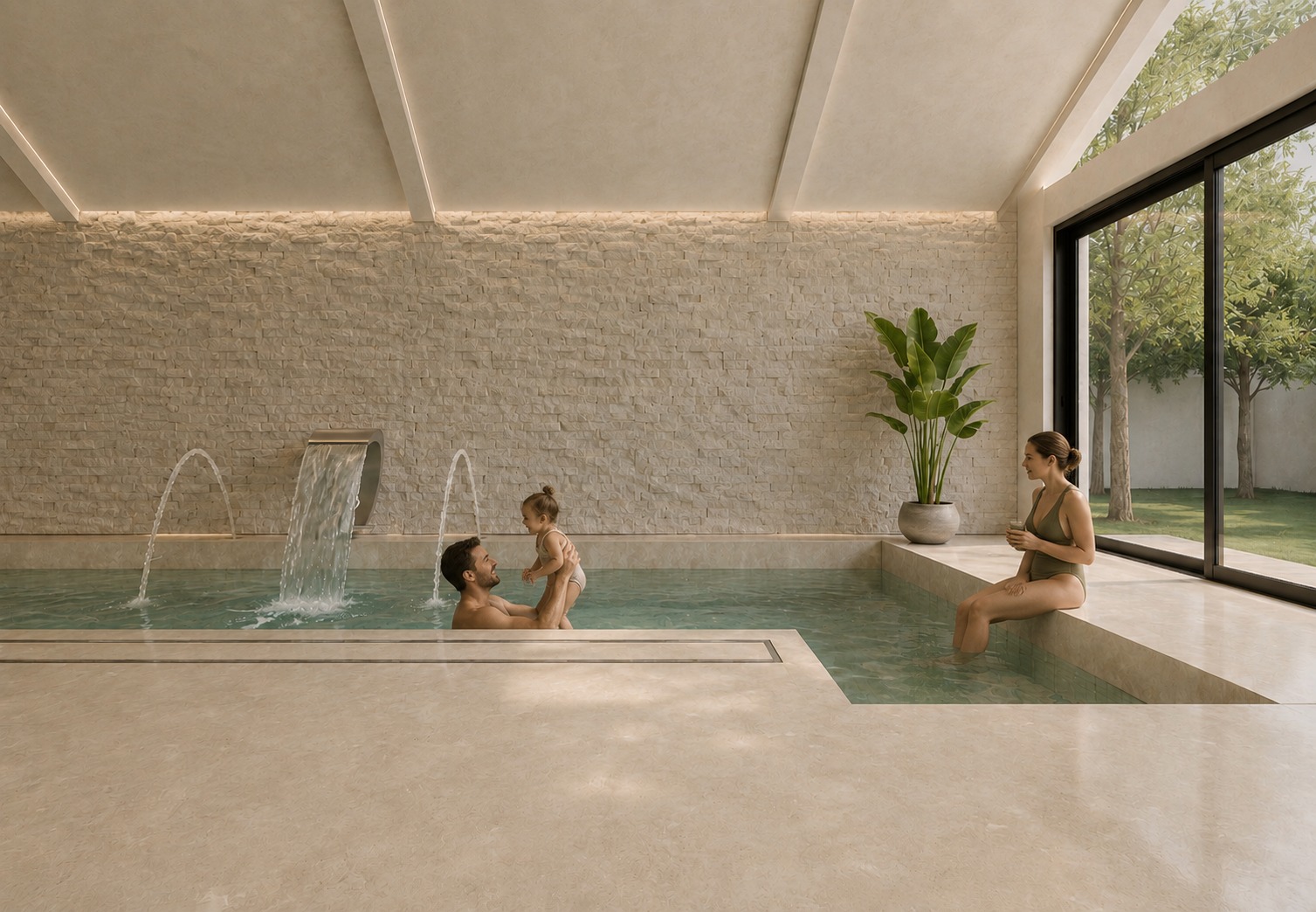 Villa Lara: gimnasio acristalado junto a la zona de agua